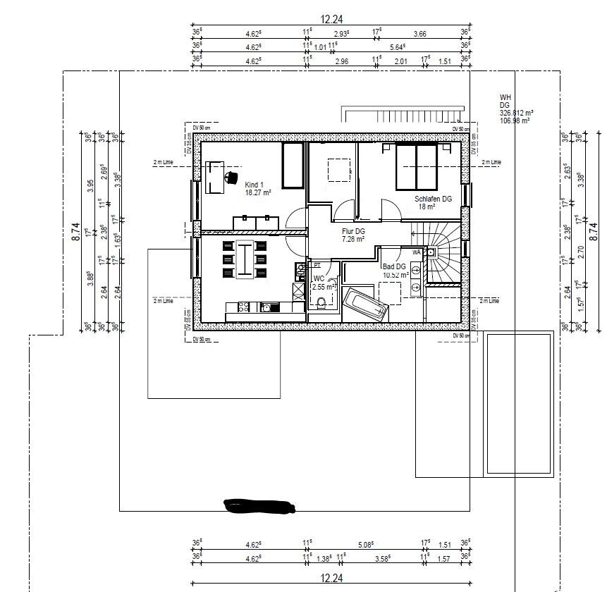 Grundriss eines Dachgeschosses mit Schlafzimmer, Kinderzimmer, Küche, Bad, WC und Flur.