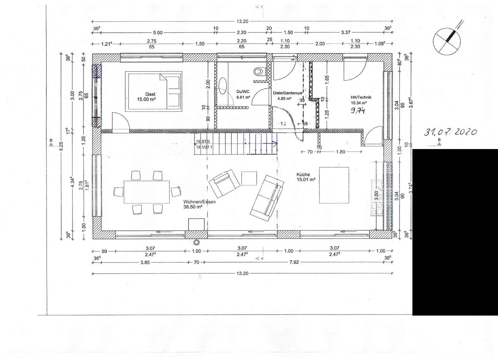 Ground floor plan: guest room, hallway, shower/WC, kitchen, living/dining, utility room.