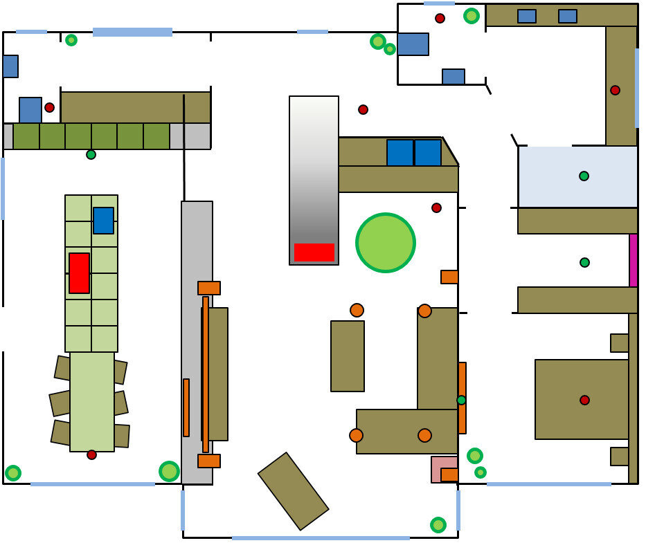 Floor plan of a room with tables, furniture, doors, walls and colored markings (circles).