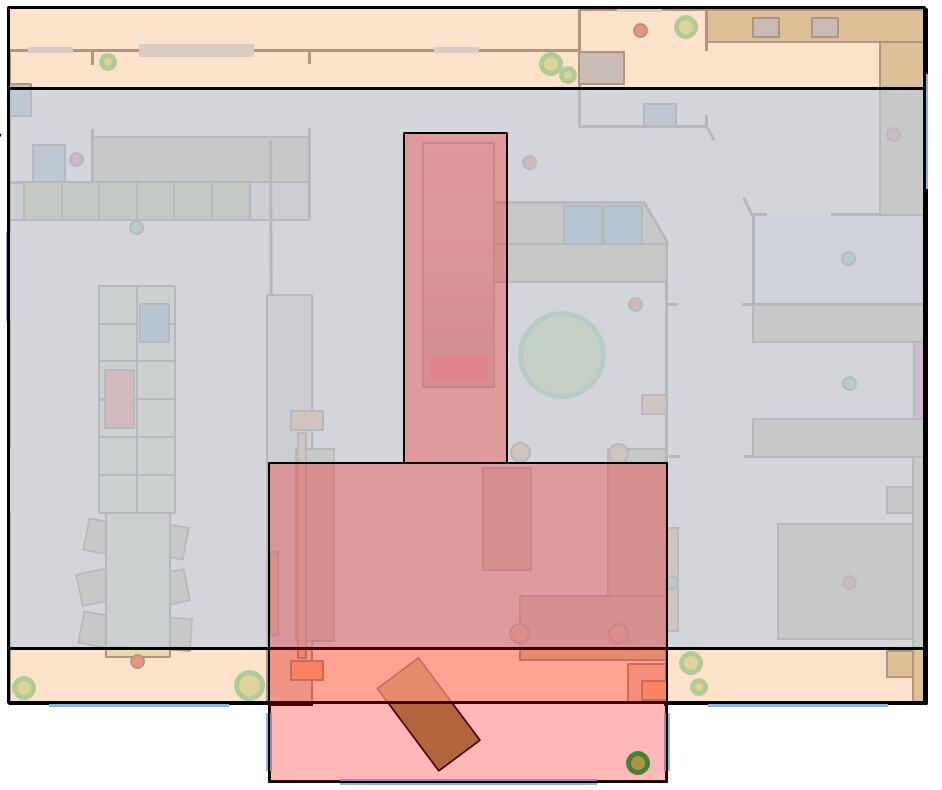 Top view of a floor plan: rooms, walls, doors and red zones with furniture.