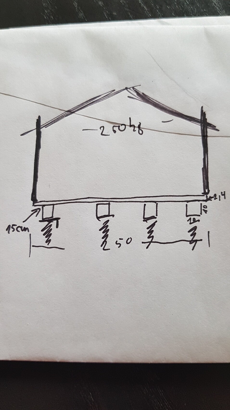 Sketch of a rectangular house with gable roof, supports below, and spring dampers, 15 cm (6 inches) ground clearance.