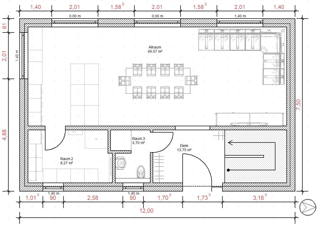 Floor plan: open living area with dining group, kitchen line on the right, hallway and rooms 2–3.