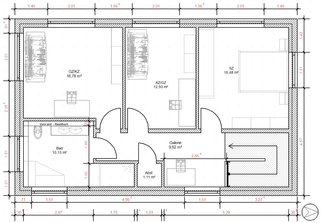 Apartment floor plan: room, bathroom, gallery, storage room, furniture and doors.