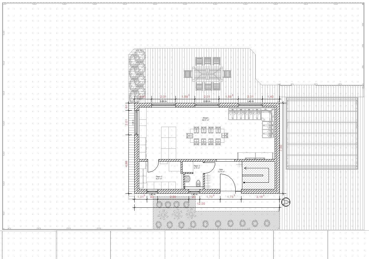 Building floor plan: large event room with tables, kitchen area, ancillary rooms, and terrace.