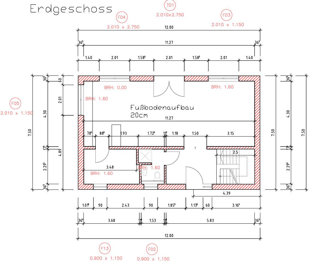 Ground floor plan with dimension lines, red exterior wall, doors and stairs.