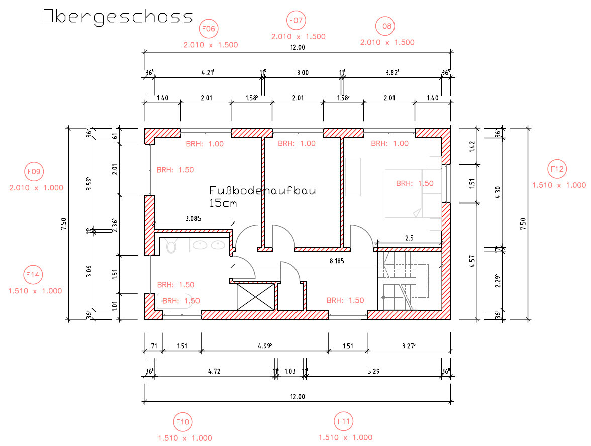 Architectural floor plan of a house with interior rooms, doors, stairs, walls, and dimension lines.