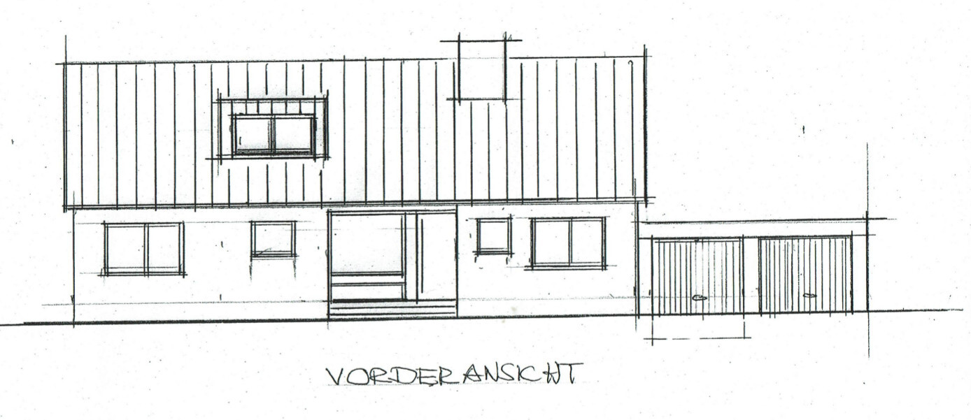 Sketch-style front view of a house with metal roof, window front, entrance stairs, and garage.