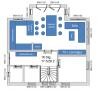 Two-dimensional floor plan with staircase and rooms marked in blue