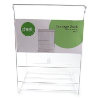 White metal shelf with multiple levels and green dowel label