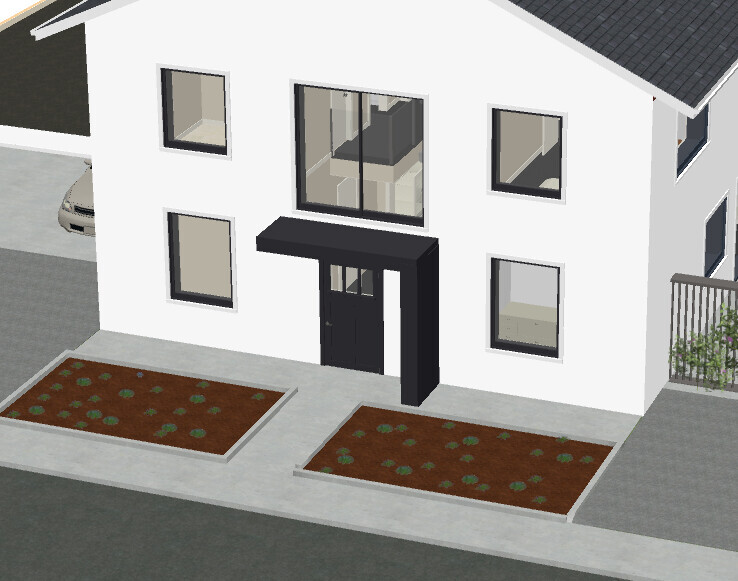 Modern white two-story house facade with dark entrance, large windows, and garden beds.