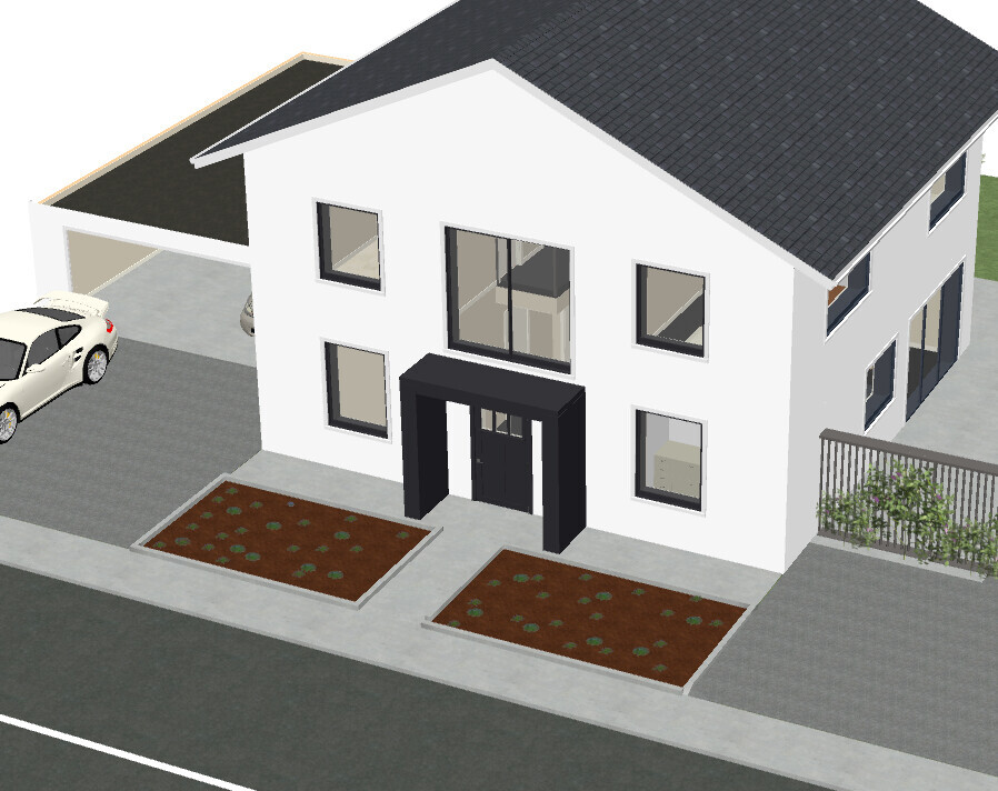 Two-story white house with black porch roof, two garden beds, and car in front.