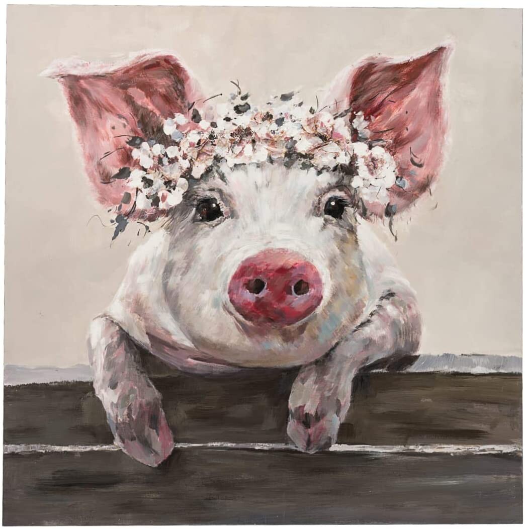 A cheerful little pig with a flower wreath on its head, leaning curiously over a wooden fence.