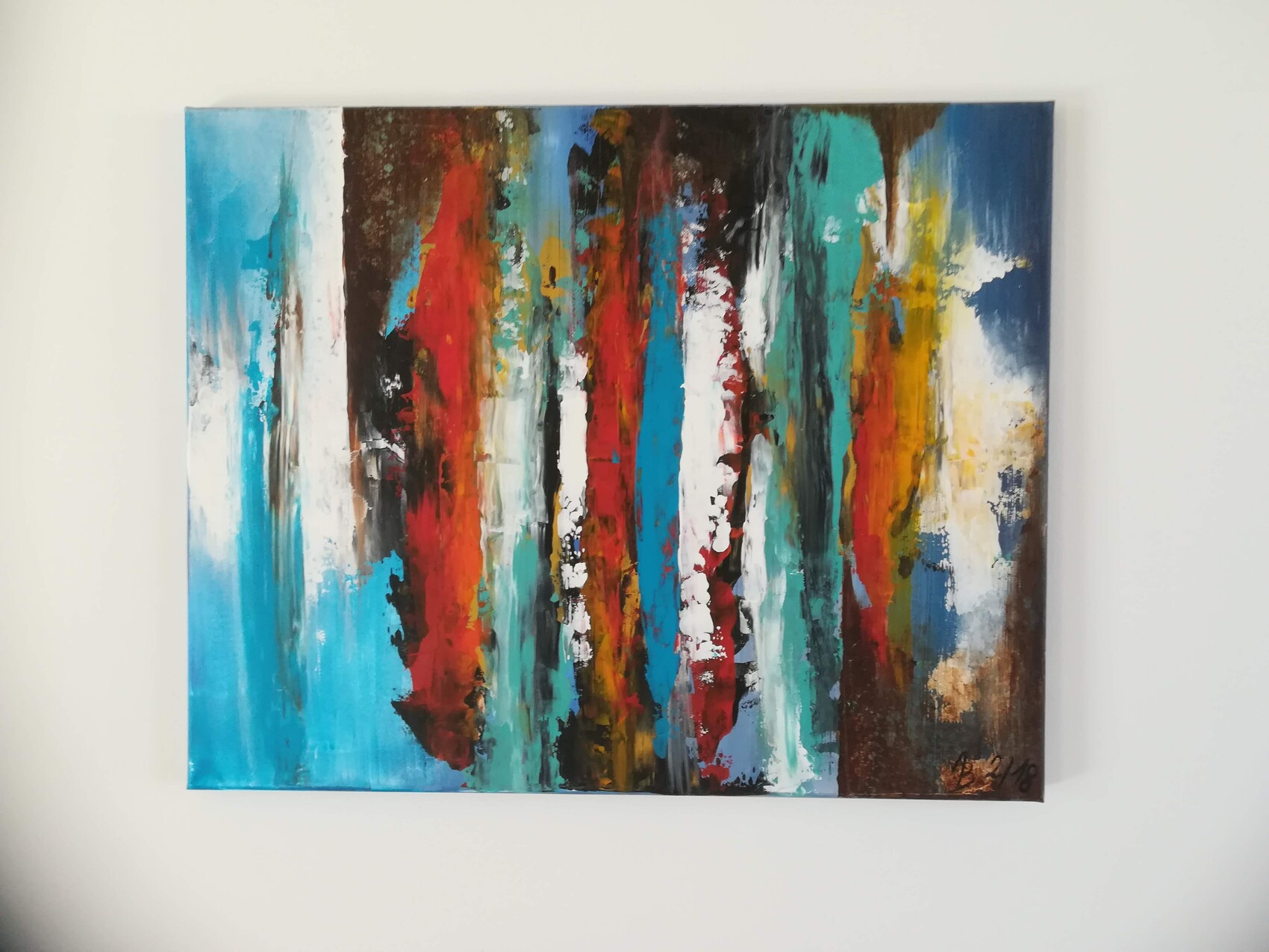 Abstract painting with vertical colorful stripes in blue, red, green, and white on canvas.
