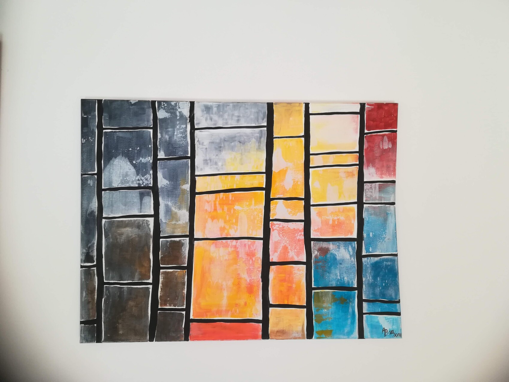 Abstract painting composition of colorful rectangles with black lines.