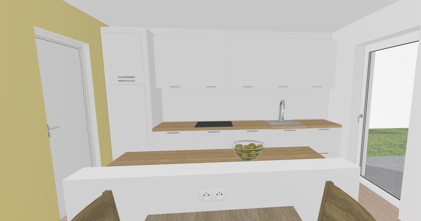 Modern kitchen: white cabinets, wooden countertops, sink, cooktop, fruit basket, and yellow wall.