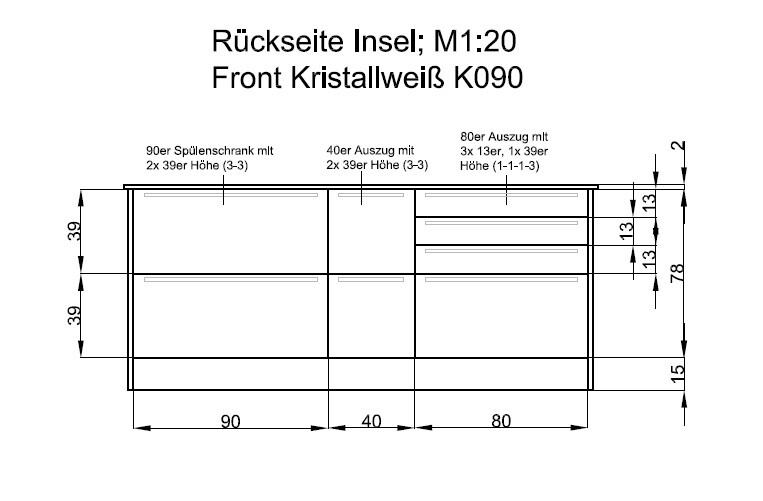 Technical drawing of a kitchen floor plan with island front and dimensions.