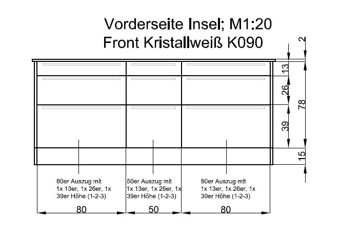 Front view of kitchen island Crystal White; three sections with drawers and doors, drawing