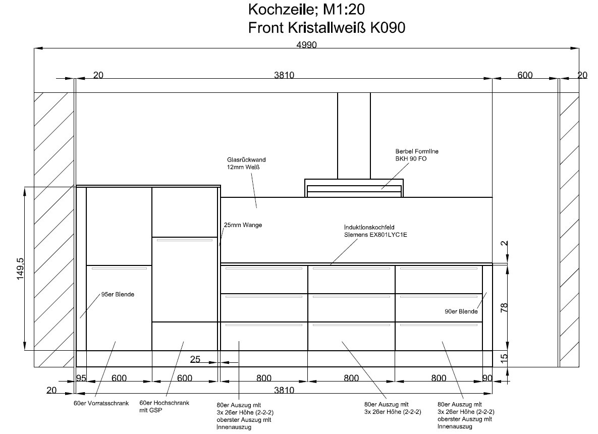 Technical kitchen line in Crystal White K090 front; base cabinets, induction cooktop, glass backsplash