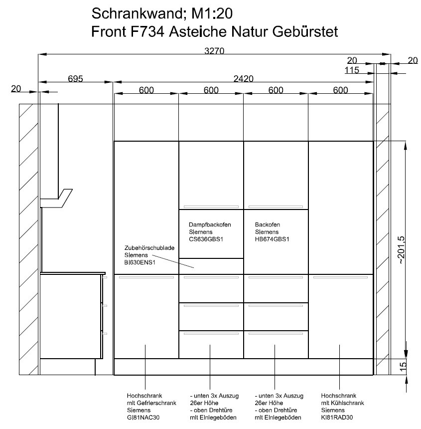Cabinet wall plan with front F734 in brushed natural knotty oak, dimensions 3270x2015 mm (129x79 inches).