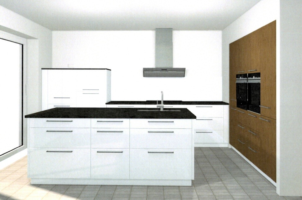 Modern kitchen with island, white cabinets, black countertop, sink, and extractor hood.
