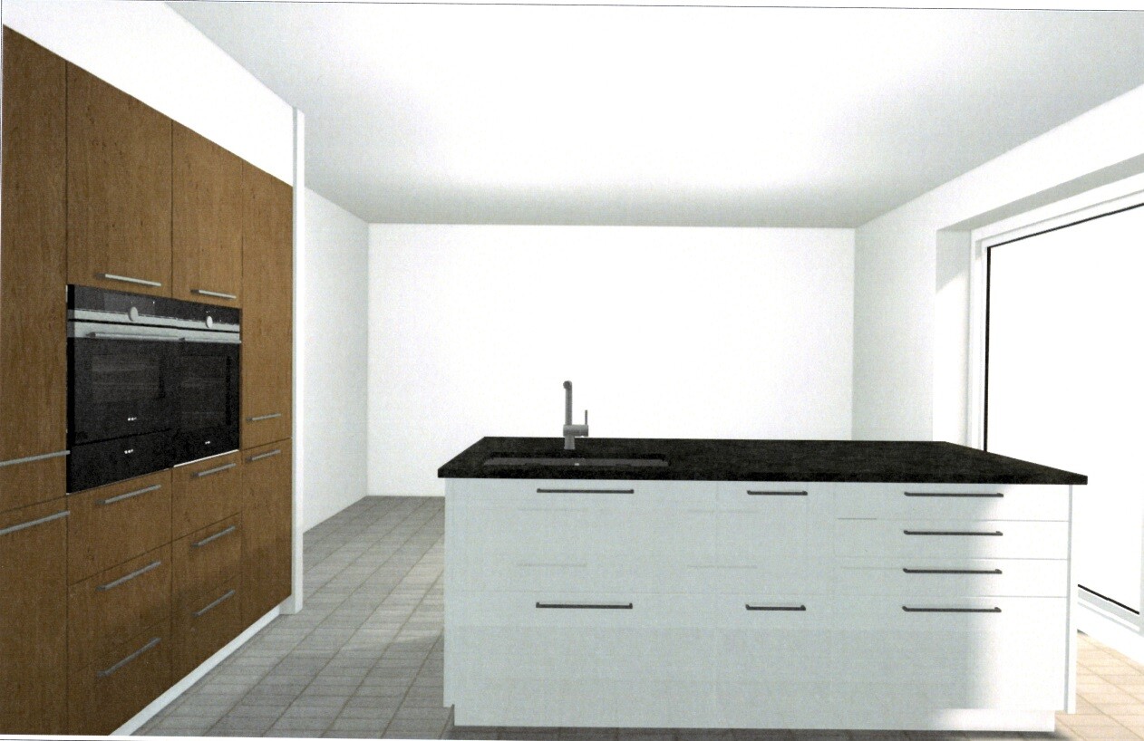 Modern kitchen with island, black countertop, sink, white base cabinets and large window.
