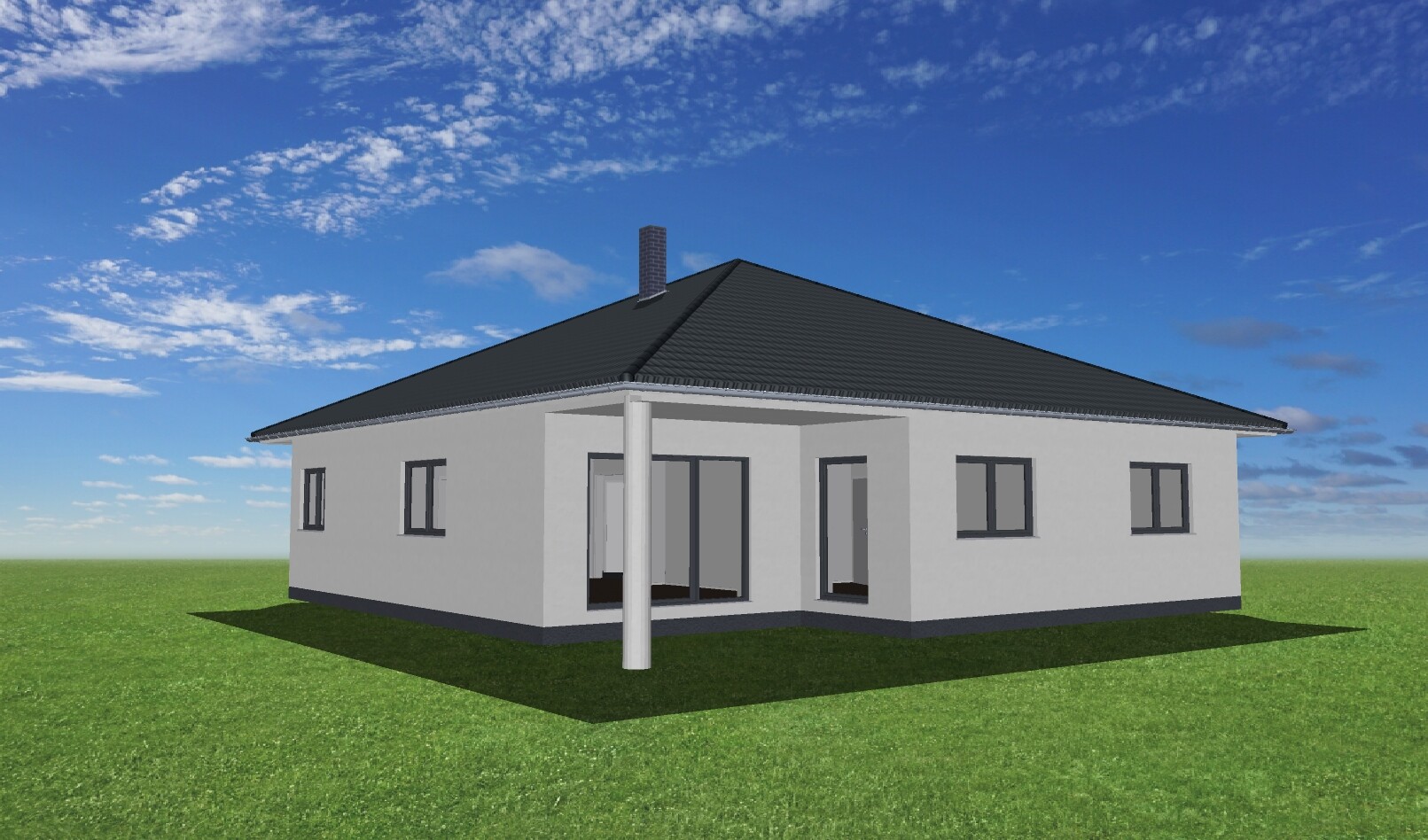 Modern white detached house with dark roof, large windows, grassy garden.