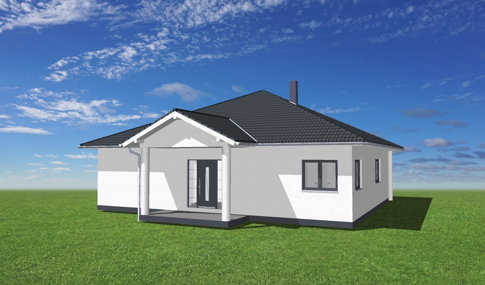 Modern detached house with gray facade, dark tiled roof, porch, and green lawn.