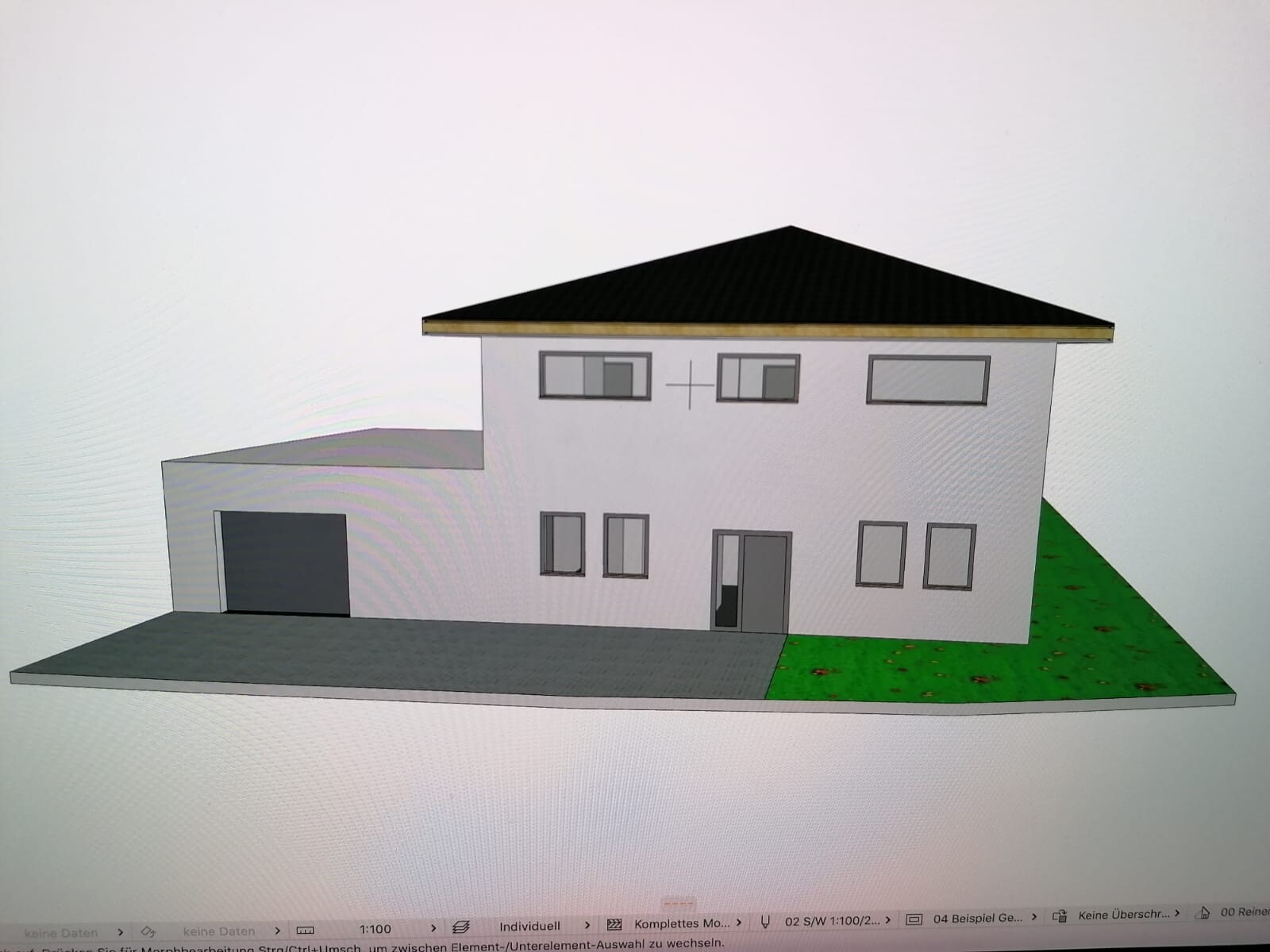 Modern two-story white house with garage on the left, gray driveway and green lawn on the right.