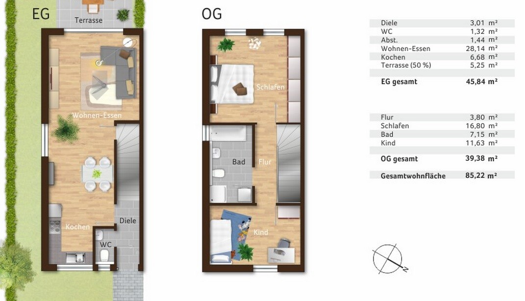 Two-story floor plan of a house with living room, kitchen, bathroom, and bedroom.