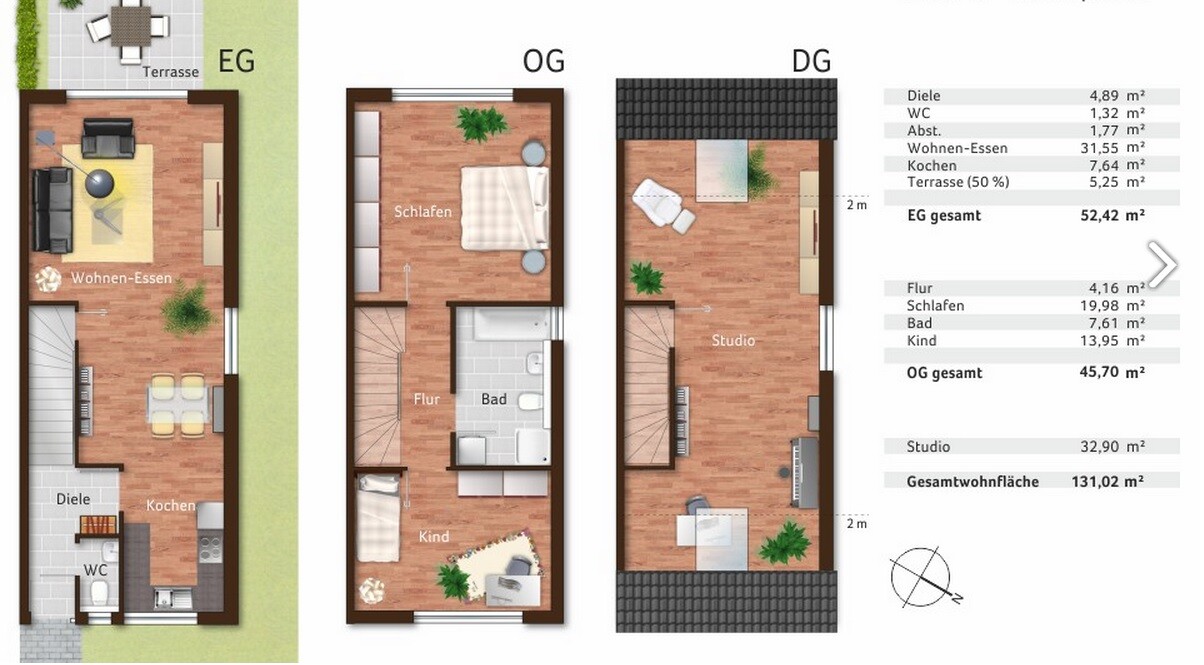 Multi-level house floor plan: ground floor kitchen/living area, first floor bedroom/bathroom, attic studio/terrace.