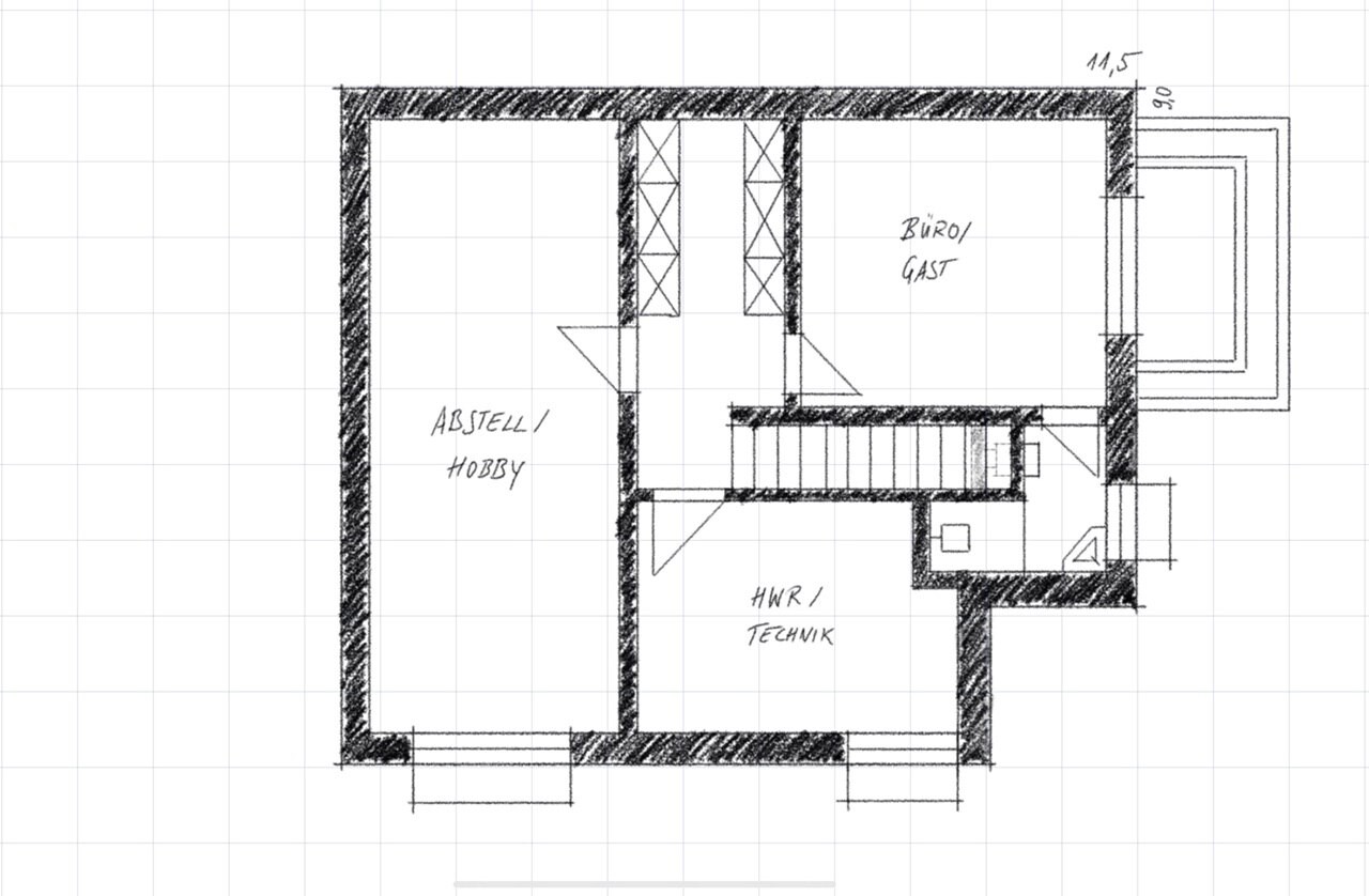Floor plan sketch: storage/hobby, office/guest, utility/technical room, staircase in the center