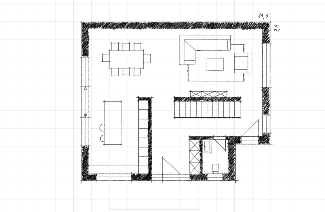 Floor plan: living and dining area with dining table on the left, lounge on the right, staircase central