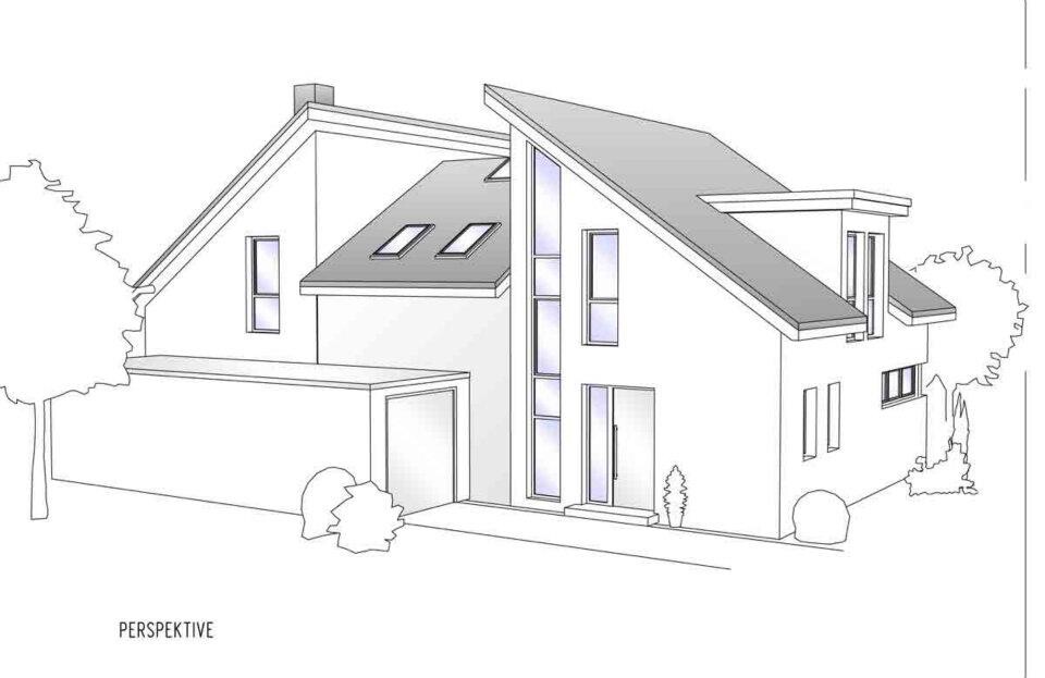 Sketchy 3D perspective of a modern house, exterior view with glass windows