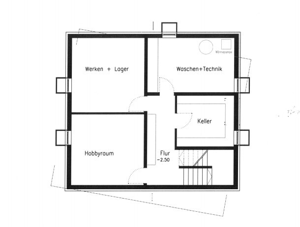 Basement floor plan: hobby room, workshop + storage, laundry + technology, cellar, hallway.