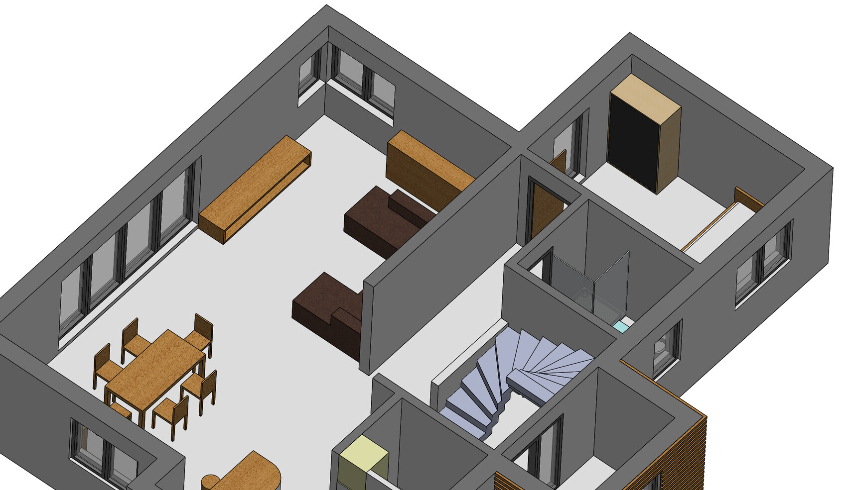 Isometric 3D floor plan of a living area with living room, dining area, and staircase.