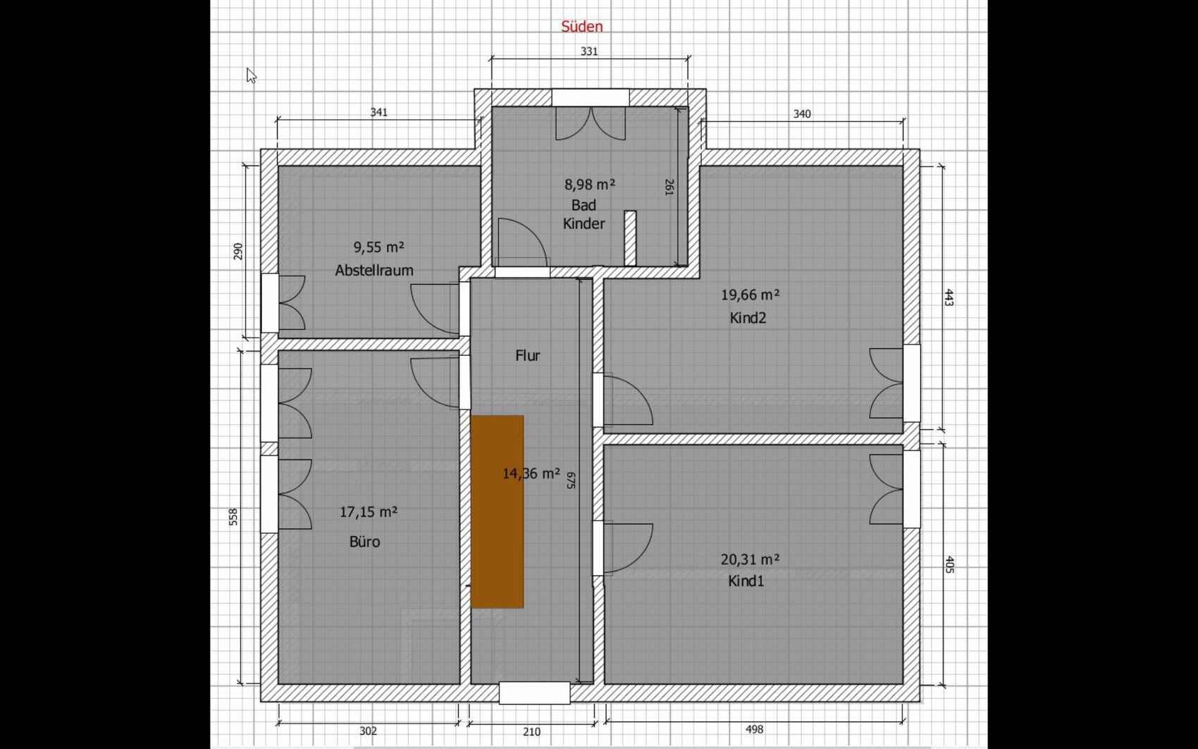 Floor plan: on the left storage room & office, middle hallway with brown block, right children’s bathroom, Child 1, Child 2