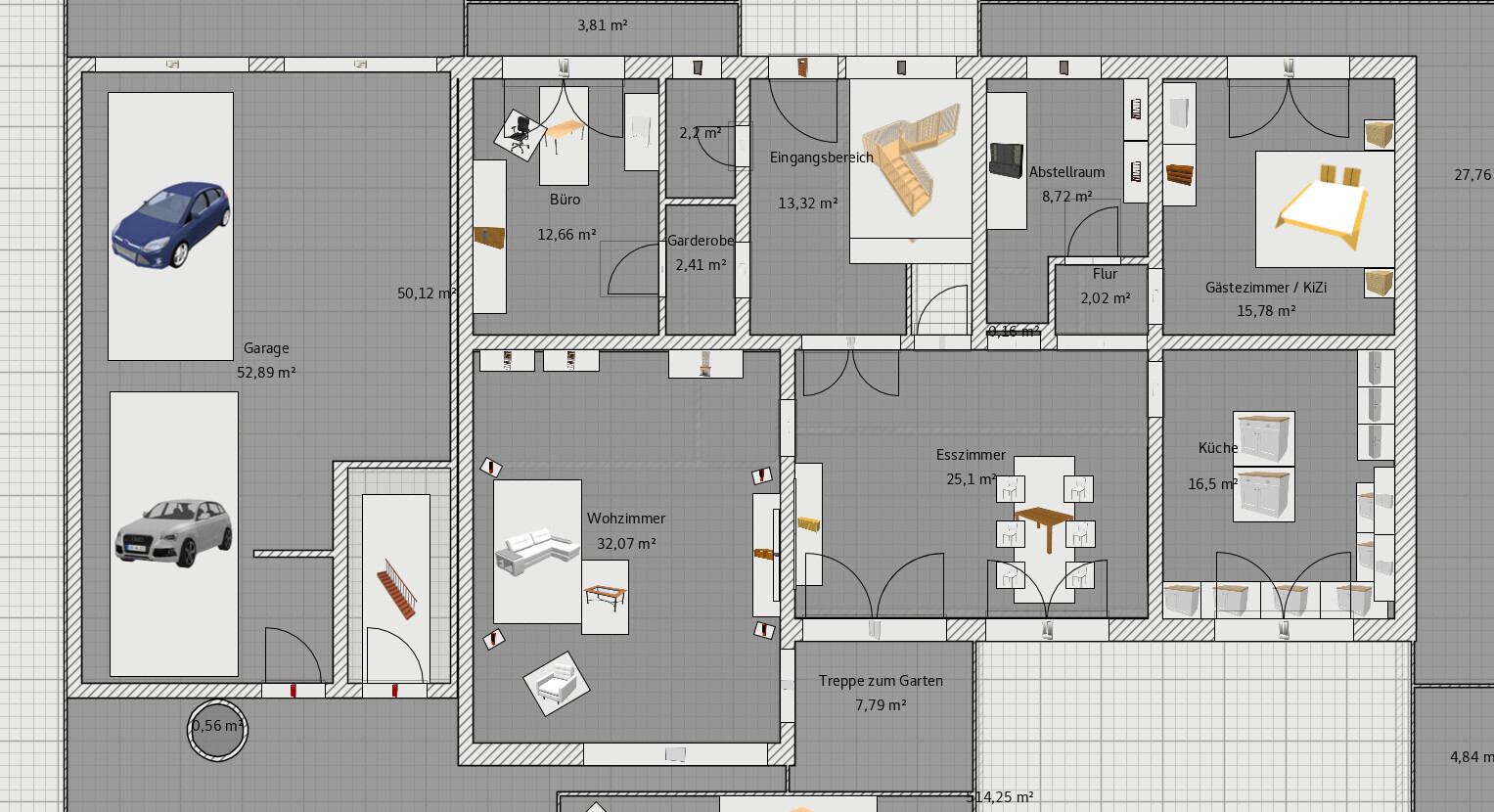 Floor plan of a house with garage (2 cars), living room, kitchen, dining room, guest room/children’s room, office.
