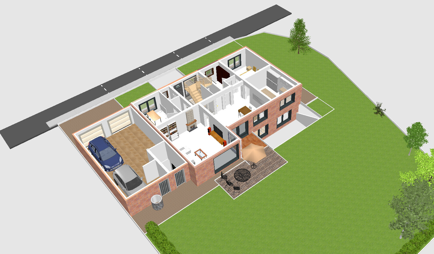 Isometric 3D view: single-family house with garage (2 cars), terrace, garden, and street.