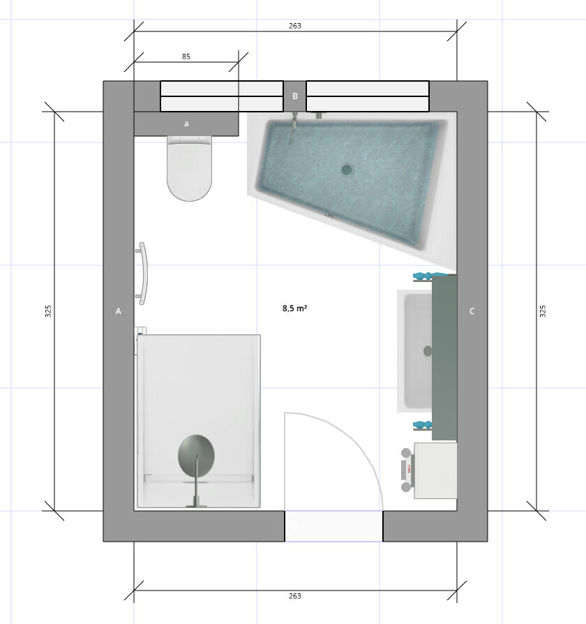 Grundriss eines Badezimmers mit Dusche links, Toilette oben, Badewanne rechts, Tür unten.