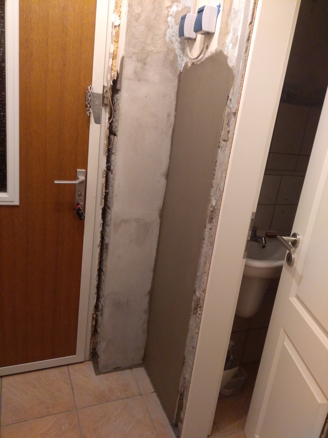 Hallway area during renovation with exposed wall, wooden door on the left, entrance to bathroom on the right.