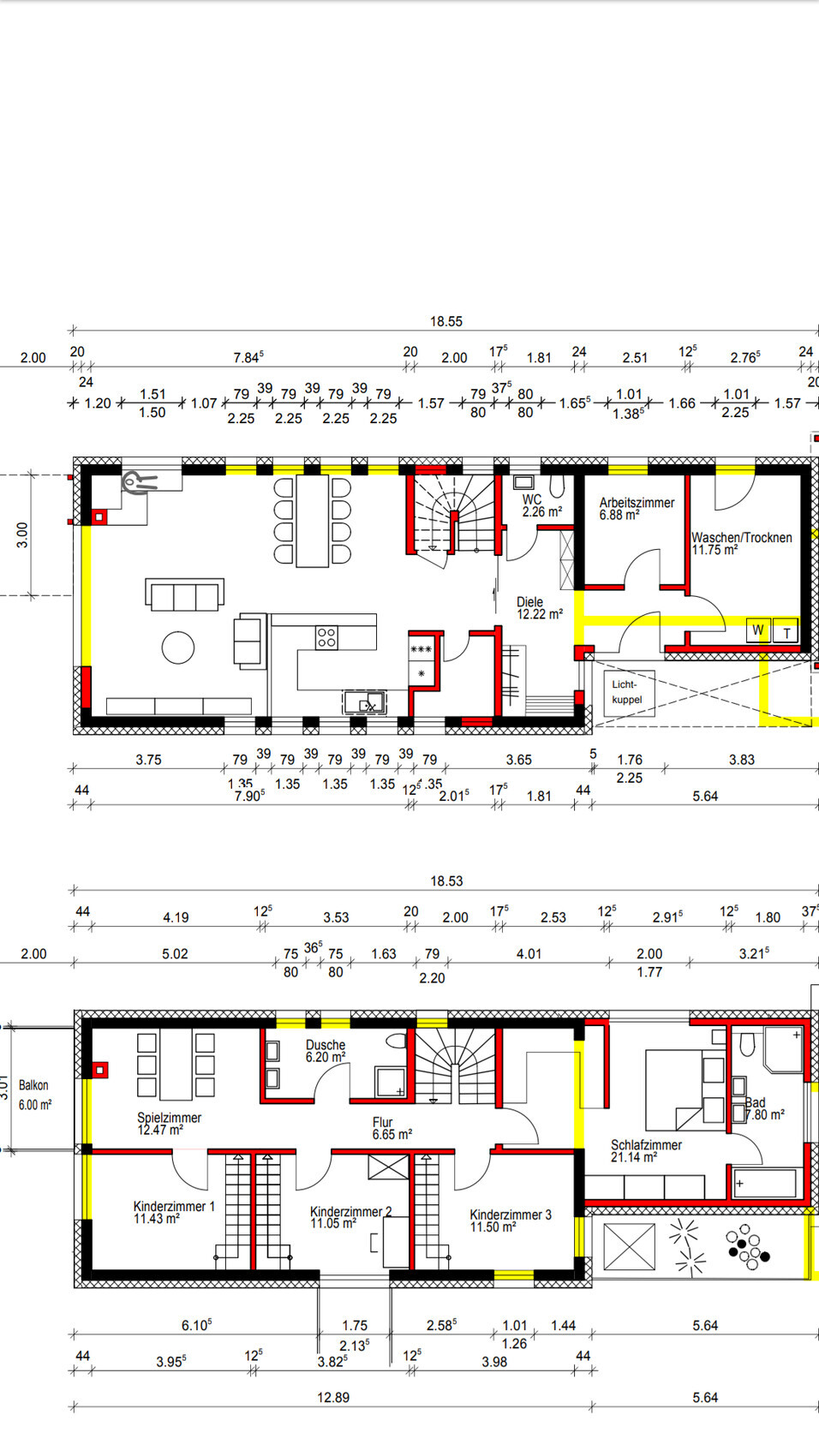 Two-story floor plan of a house with kitchen, living area, office, WC, entrance hall, bedroom and children’s rooms.