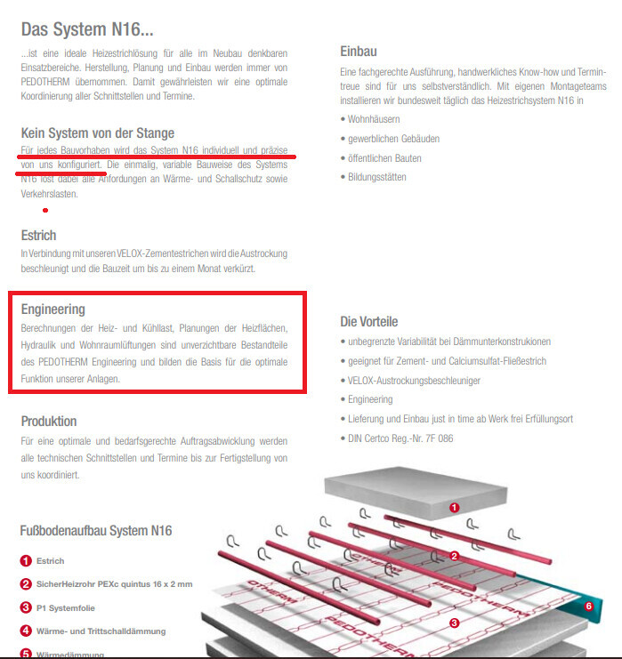 Technical diagram of the N16 underfloor heating system showing layers and components