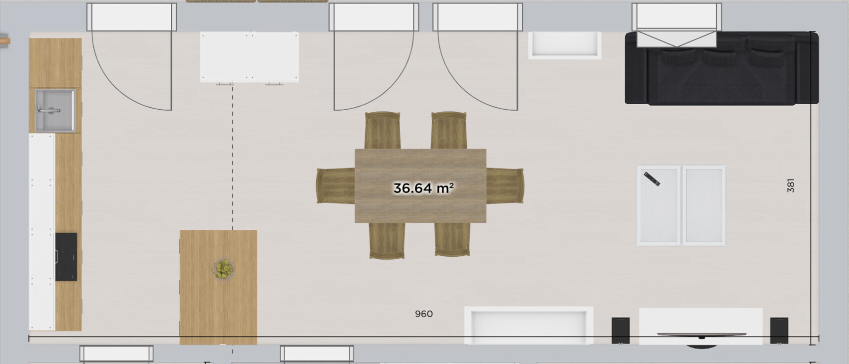 Open living/dining area with rectangular dining table and six chairs, kitchen on the left.