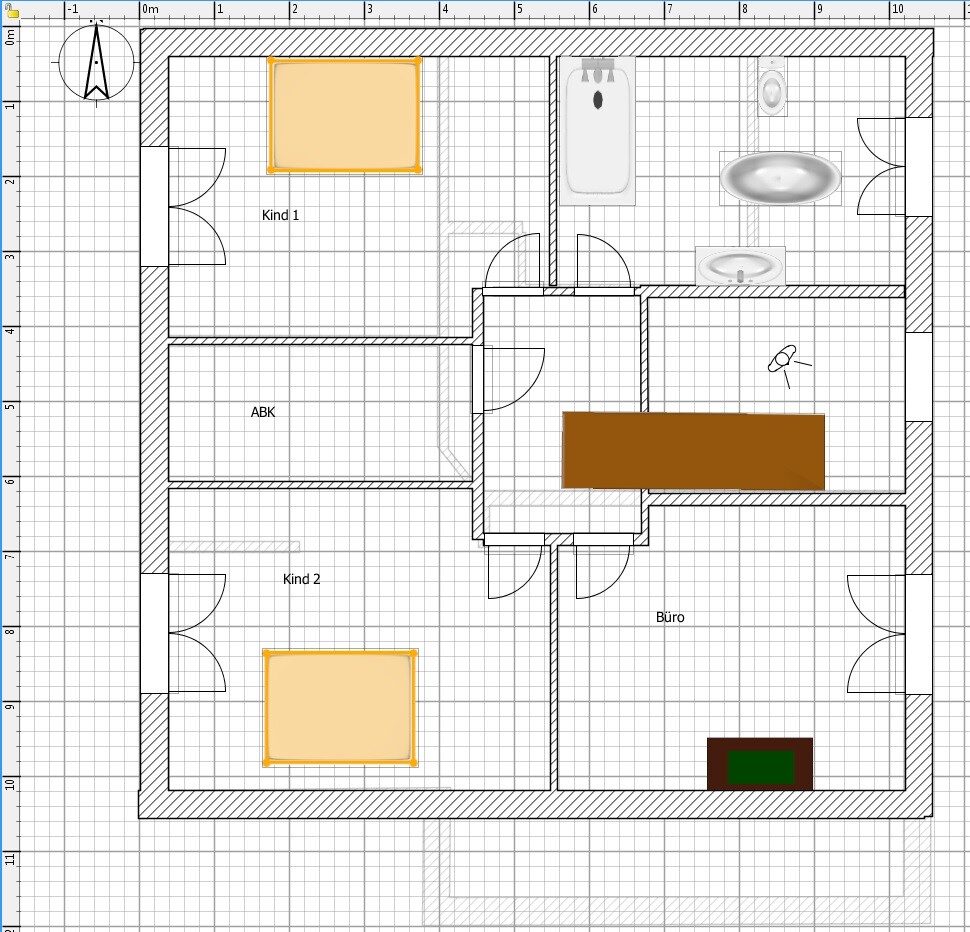 Grundrissplan eines Hauses mit Zimmern, Bad, Küche, Büro und Kinderräumen.