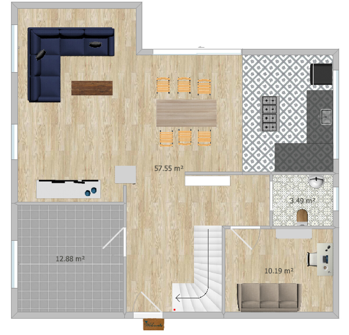 Open living and dining area with L-shaped sofa, dining table, kitchen on the right, balcony on the left, staircase.