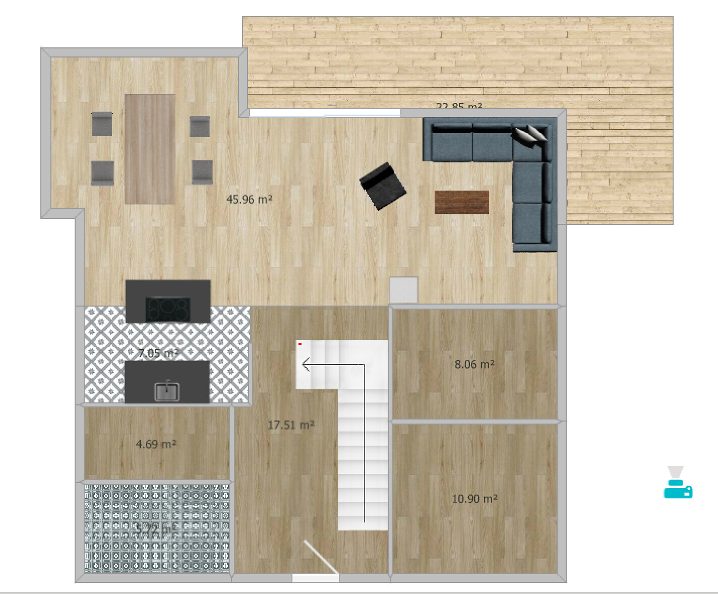 Floor plan of a house with kitchen, dining area, living room, stairwell, and room.