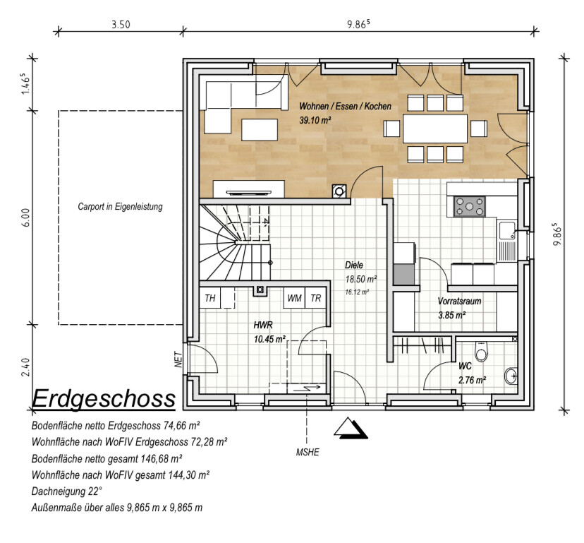 Ground floor plan: open living/dining/kitchen area, hallway, pantry, utility room, WC, carport.