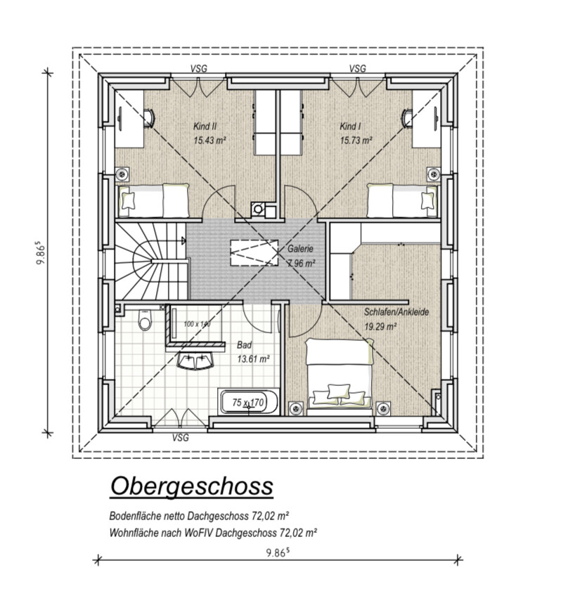 Upper floor plan: Child 1, Child 2, bedroom/walk-in closet, bathroom, gallery.