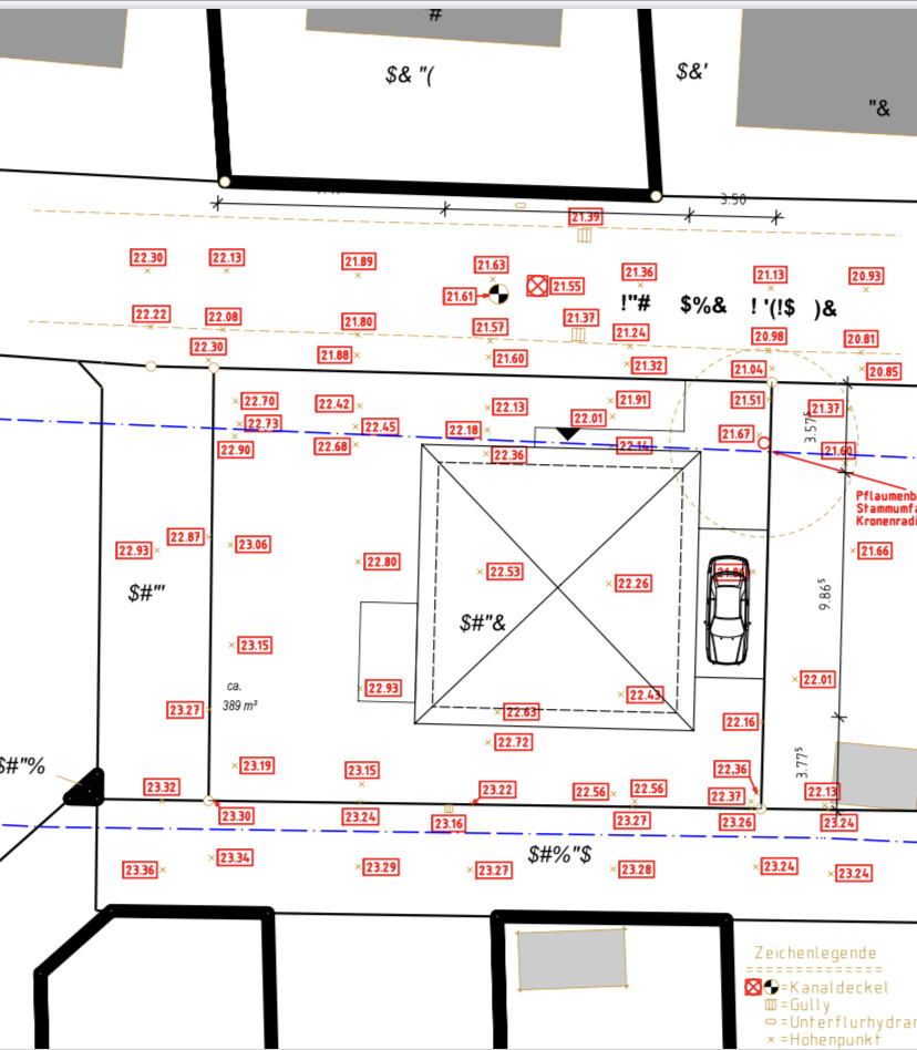 Site plan of the property: house with carport, car, measurement lines and dimensions.