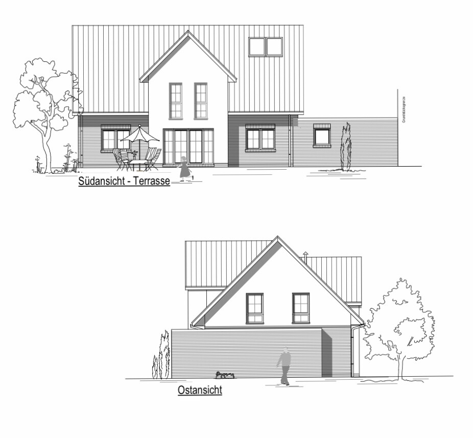 House drawing: South view with terrace, furniture and person; East view with tree.